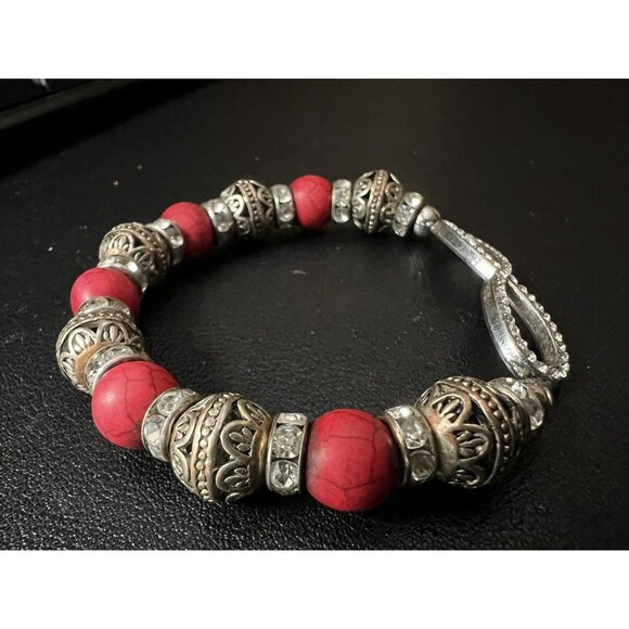 Silver Gold & Red Beaded Stretchy Bracelet with Sparkly Infinity Charm - Picture 6 of 6